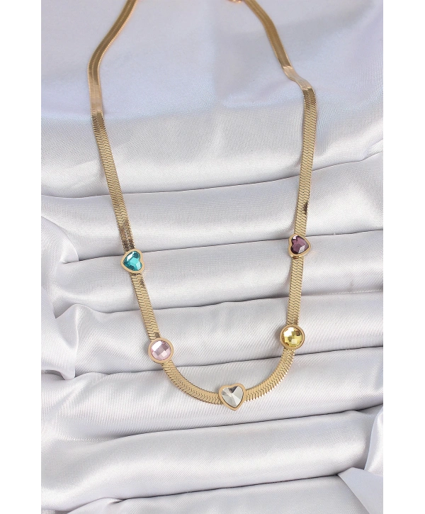 316L Çelik Gold Renk İtalyan Zincir Renkli Zirkon Taşlı Kalp Figür Kadın Kolye