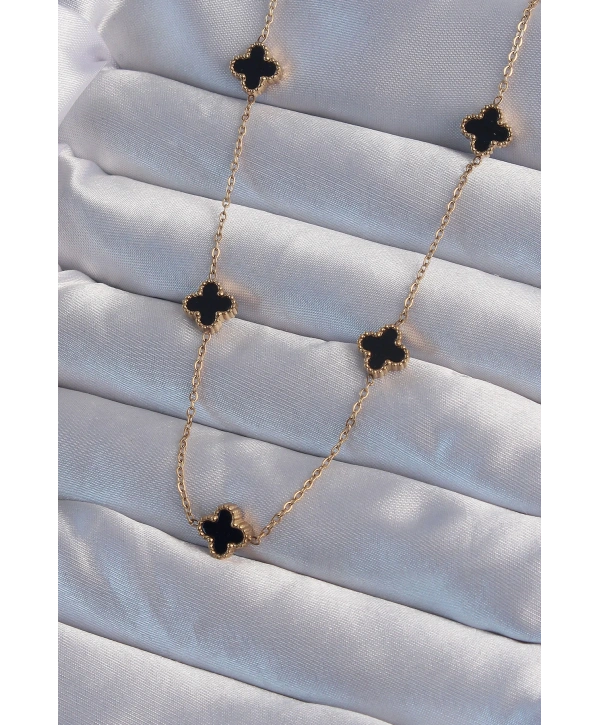 316L Çelik Gold Renk Minimal Siyah Mineli Yonca Kolye