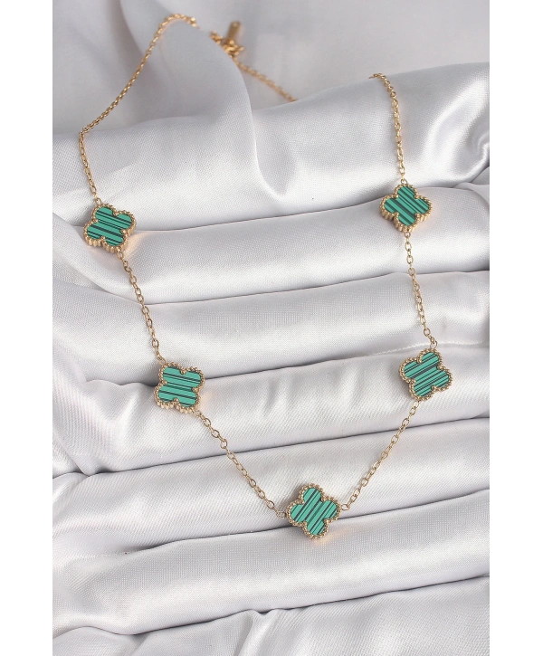 316L Çelik Gold Renk Zincir Yeşil Yonca Model Kadın Kolye