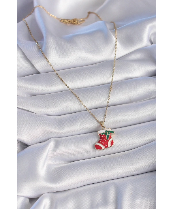 316L Çelik Gold Renk Zincir Yılbaşı Temalı Kırmızı Noel Çorabı Figür Kadın Kolye