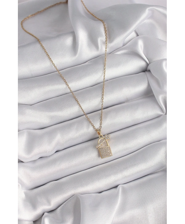 316L Çelik Gold Renk Zincir Zirkon Taşlı Asma Kilit Anahtar Model Kadın Kolye