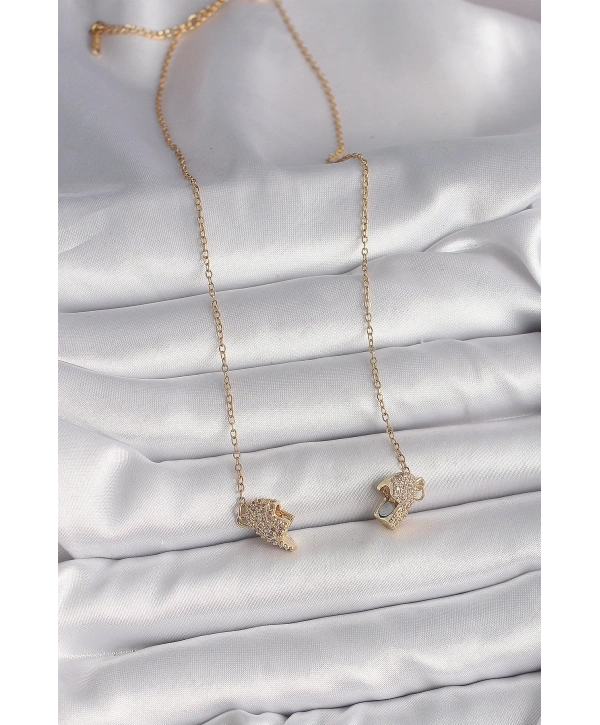 316L Çelik Gold Renk Zincir Zirkon Taşlı Mıknatıslı Kalp Model Kadın Kolye