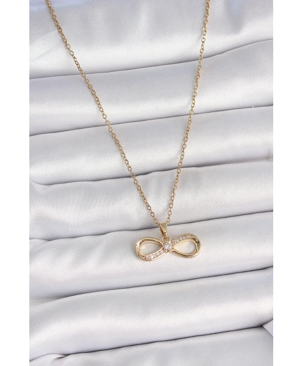 316L Çelik Gold Renk Zincir Zirkon Taşlı Sonsuzluk Model Kadın Kolye