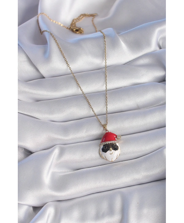 316L Çelik Gold Renk Zincir Zirkon Taşlı Yılbaşı Temalı Noel Baba Figür Kadın Kolye