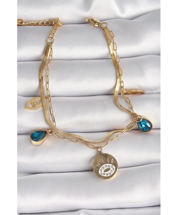 316L Çelik Gold Renk Zirkon Taşlı Göz İşleme Figür Kadın Bileklik