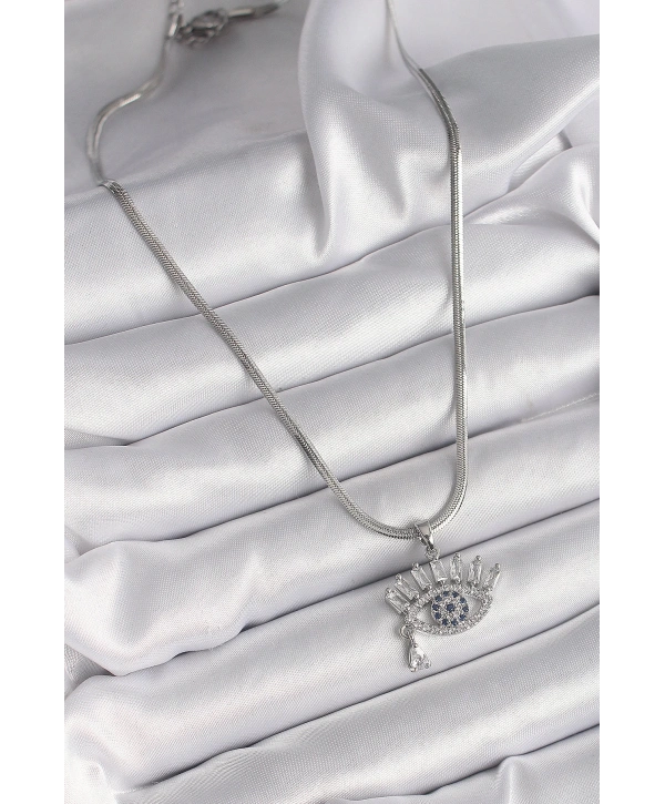 316L Çelik Gümüş Renk İtalyan Zincir Zirkon Taşlı Göz Model Kadın Kolye