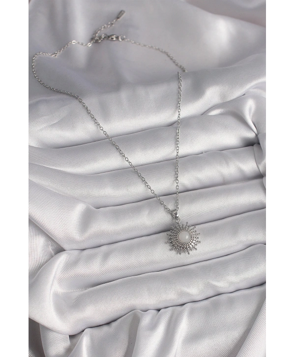 316L Çelik Gümüş Renk Zincir Beyaz Mineli Güneş Model Kadın Kolye