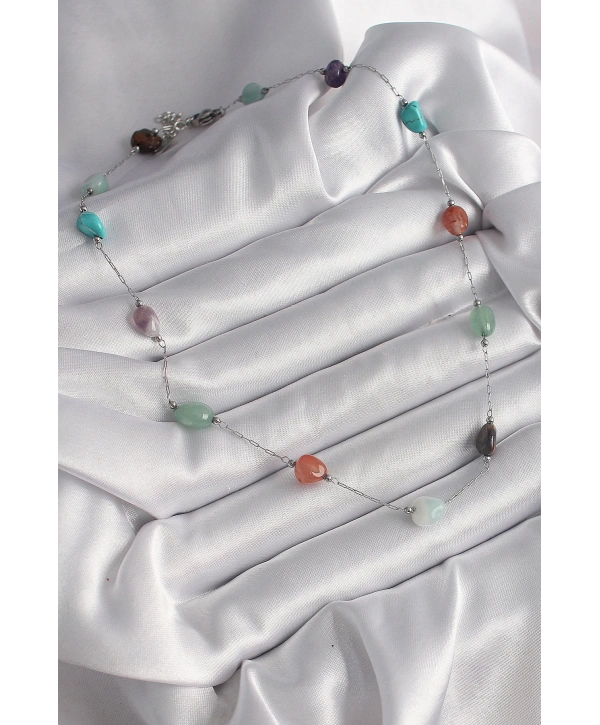 316L Çelik Gümüş Renk Zincir Renkli Doğaltaş Model Kadın Kolye