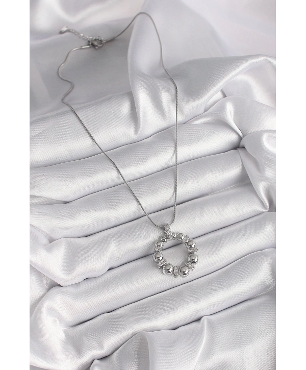 316L Çelik Gümüş Renk Zincir Zirkon Taş Detaylı Bombeli Halka Model Kadın Kolye