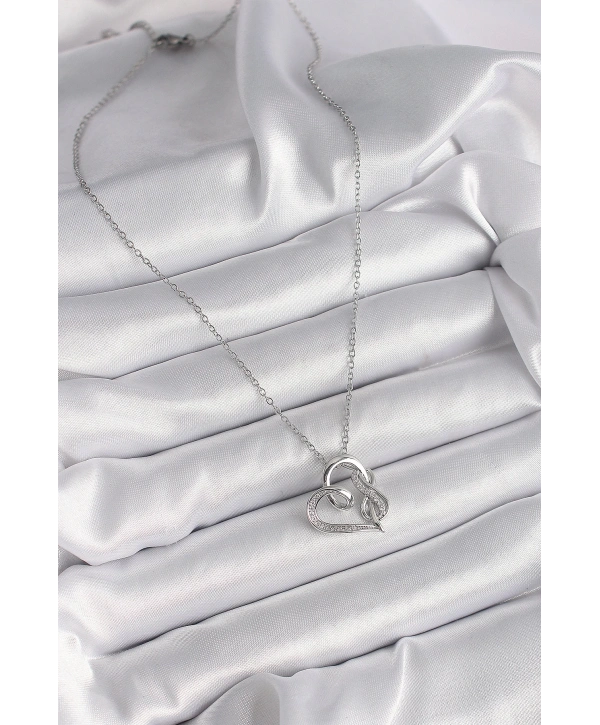 316L Çelik Gümüş Renk Zincir Zirkon Taş Detaylı Kalp Model Sonsuzluk Detay Kadın Kolye