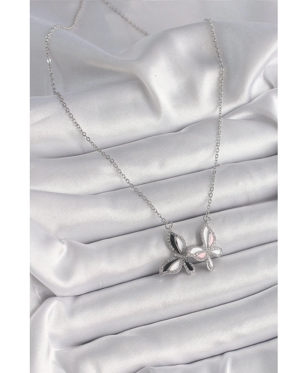 316L Çelik Gümüş Renk Zincir Zirkon Taşlı Renkli Kelebek Model Kadın Kolye