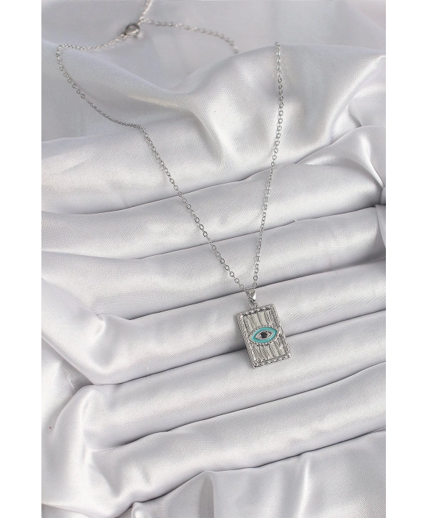 316L Çelik Gümüş Renk Zirkon Taşlı Göz İşleme Detaylı Plaka Model Kadın Kolye