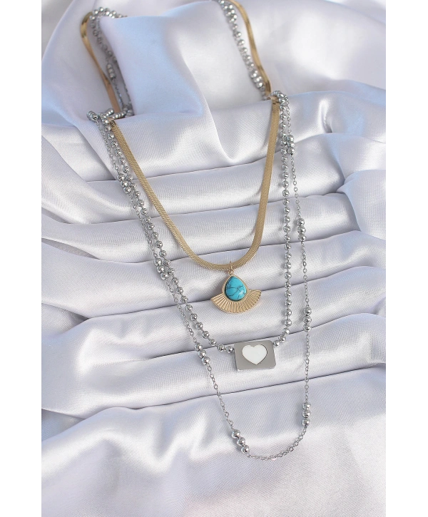 316L Çelik Mix Renk 3lü Zincir Damla Madalyon Figür Uzun Kadın Kolye