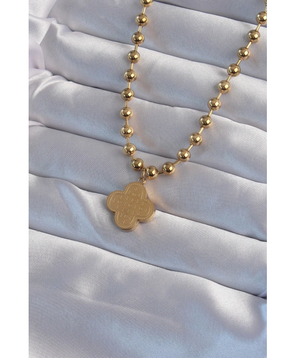 316L Çelik Top Zincirli Gold Renk İşlemeli Yonca Model Kolye