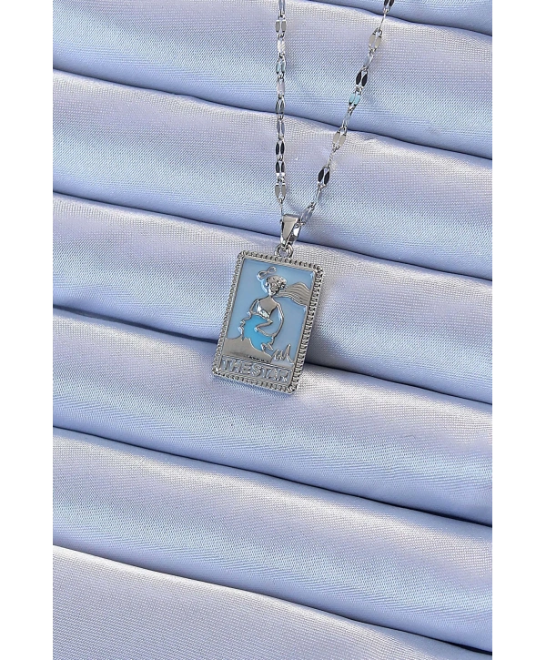 316L Çelik Zincir Gümüş Renk Mavi Mineli Tarot Kolye