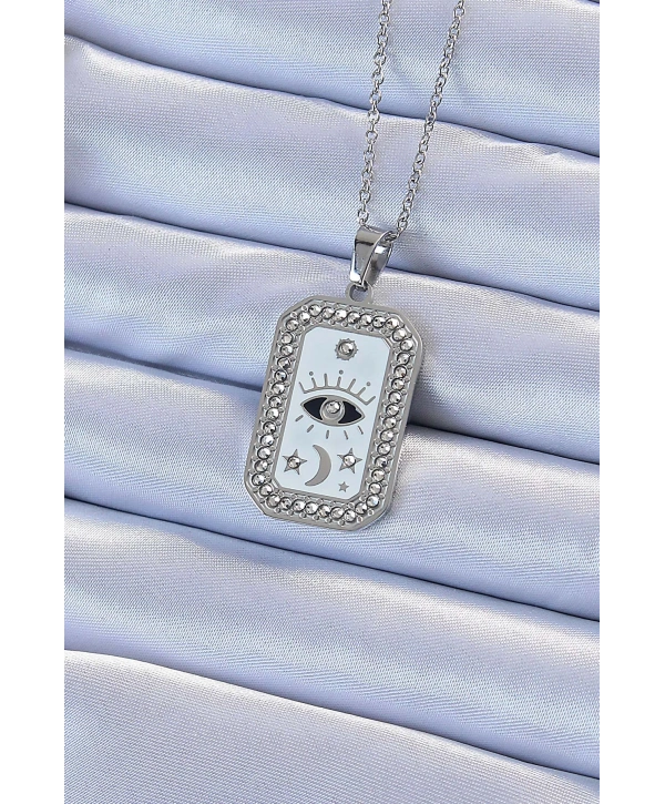 316L Çelik Zincir Gümüş Renk Mineli Zirkon Taşlı Göz Figür Tarot Kolye