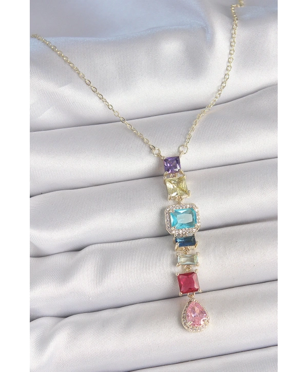 Gold Karışık Renk Zirkon Taşlı Y Pirinç Kolye