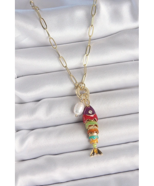 İnci Detaylı Zirkon Taşlı Rainbow Balık Figürlü Gold Renk Pirinç Kolye