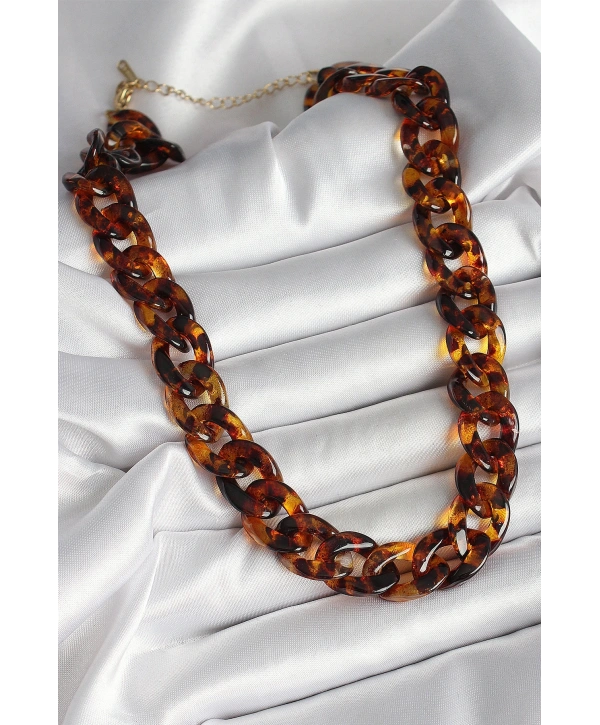 Leopar Desenli Mika Kalın Zincir Kadın Kolye