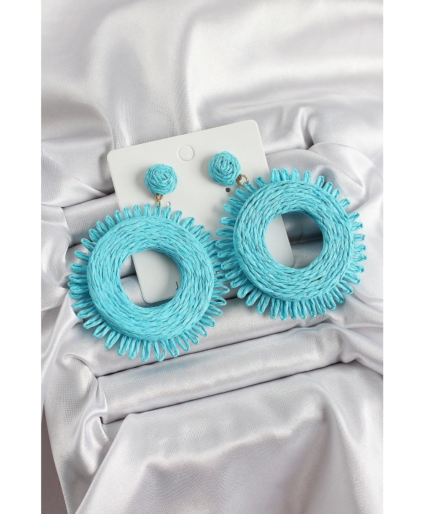 Mavi Püsküllü Halka Figürlü Hasır Örgü Model Gold Renk Kadın Küpe