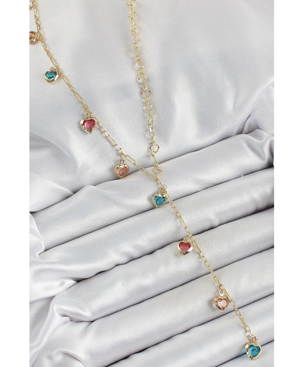 Pirinç Asorti Kalp Model Gold Renk Zirkon Taşlı Y Kolye