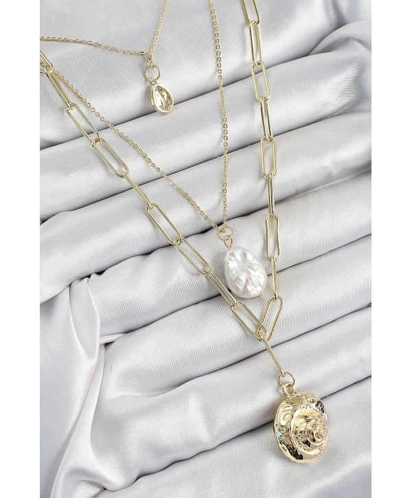 Pirinç Çoklu Zincirli İncili Deniz Kabuğu Model Gold Renk Kadın Kolye