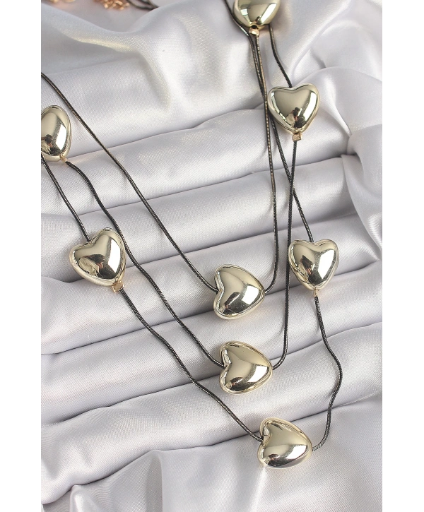 Pirinç Füme Renk Zincir 3D Gold Renk Kalp Model Kadın Kolye