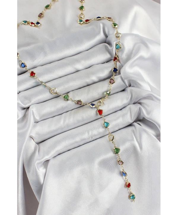 Pirinç Gold Renk Karışık Renk Zirkon Taşlı Kalpli Y Kadın Kolye