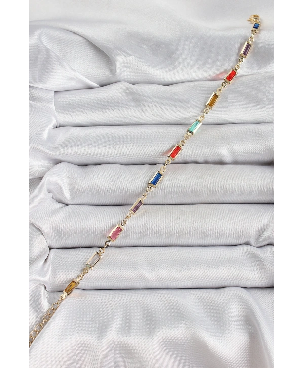 Pirinç Gold Renk Karışık Renkli Kare Zirkon Taşlı Kadın Bileklik