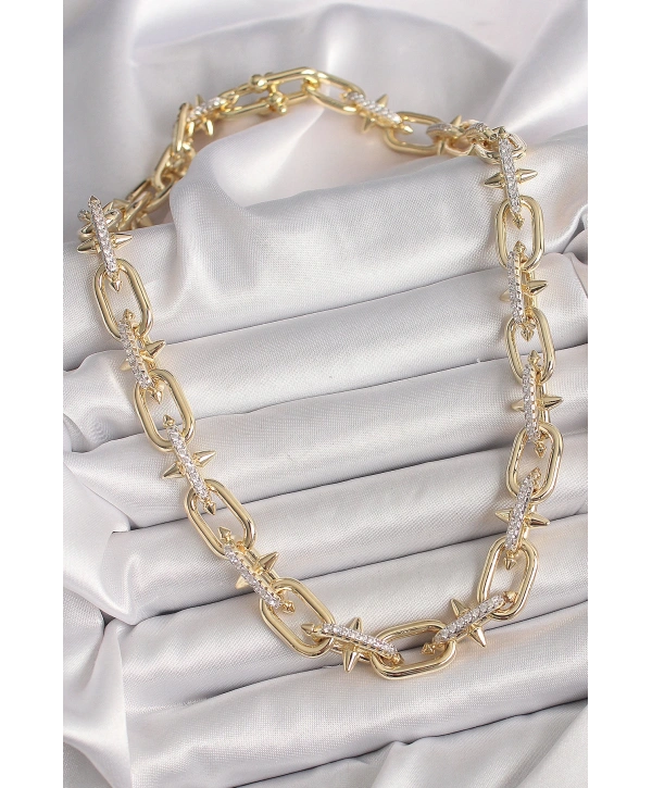 Pirinç Gold Renk Zirkon Taşlı Dikenli Halka Model VIP Exculusive Seri Kadın Kolye