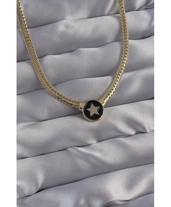 Pirinç Gold Renk Zirkon Taşlı Yıldız Model Siyah Mineli Ezme Zincirli Serenay Kolyesi