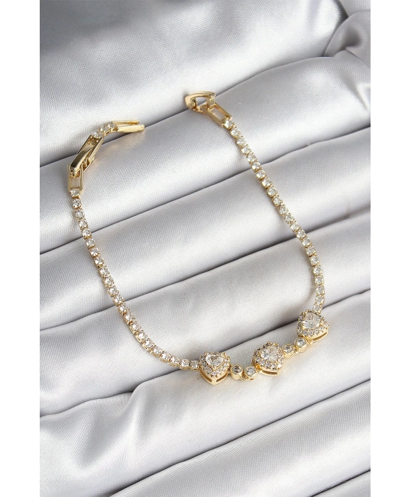 Pirinç Sıralı Kalp Figürlü Zirkon Taşlı Gold Renk Kadın Bileklik