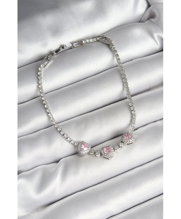 Pirinç Sıralı Pembe Kalp Figürlü Zirkon Taşlı Gümüş Renk Kadın Bileklik