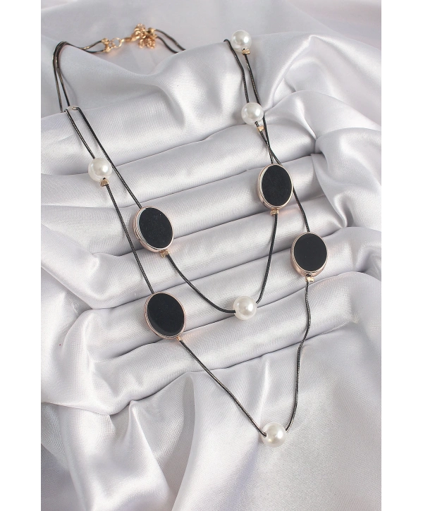 Pirinç Siyah Renk Zincir İnci Detaylı Çoklu Kadın Kolye