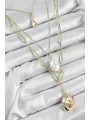 Pirinç Çoklu Zincirli İncili Deniz Kabuğu Model Gold Renk Kadın Kolye