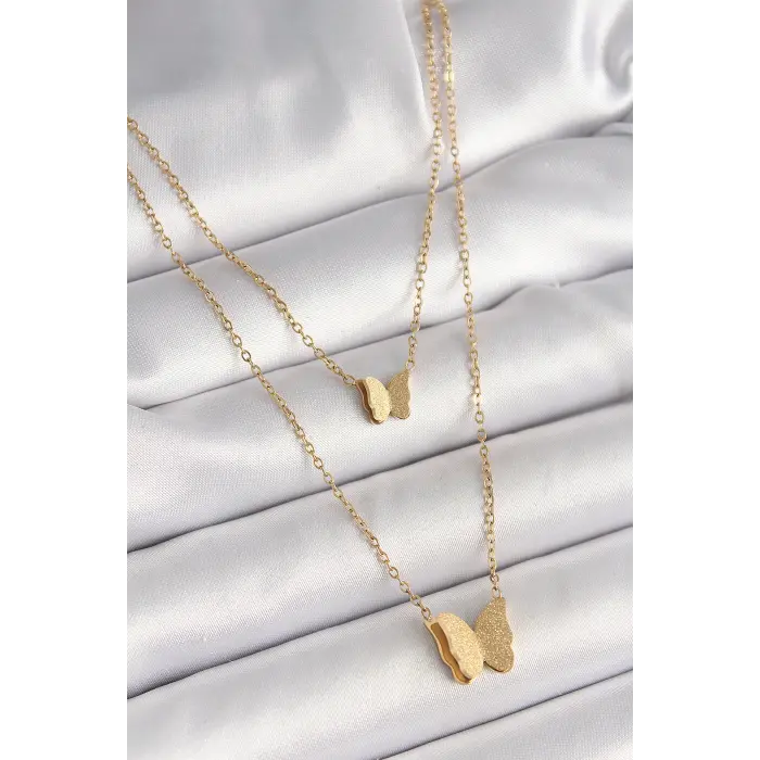 316L Çelik Gold Renk 2Li Simli Kelebek Model Kadın Kolye