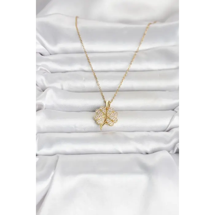 316L Çelik Gold Renk Açılabilir Yonca Model Zirkon Taşlı Kadın Kolye