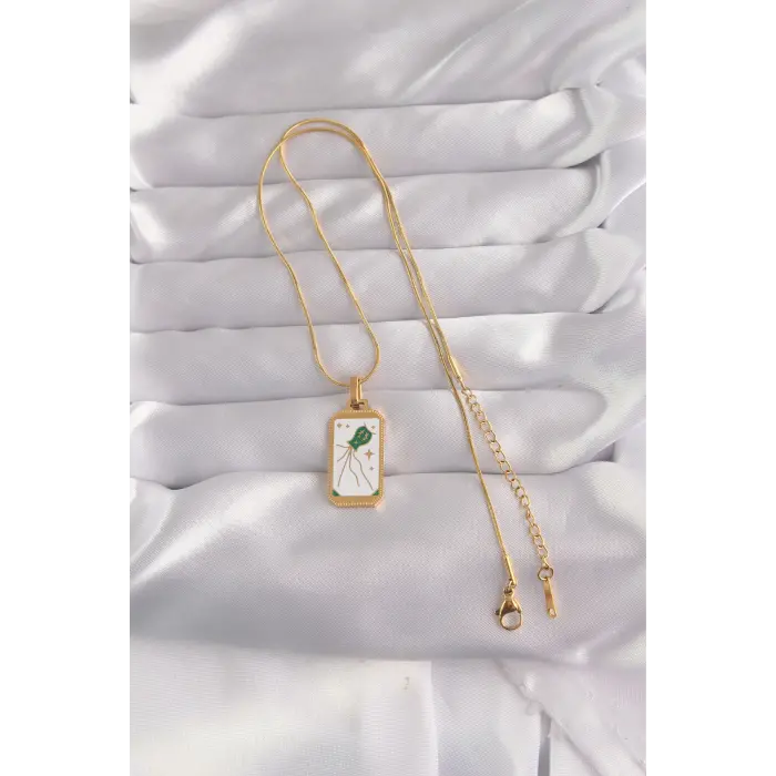316L Çelik Gold Renk Beyaz Mineli Tarot Kolye