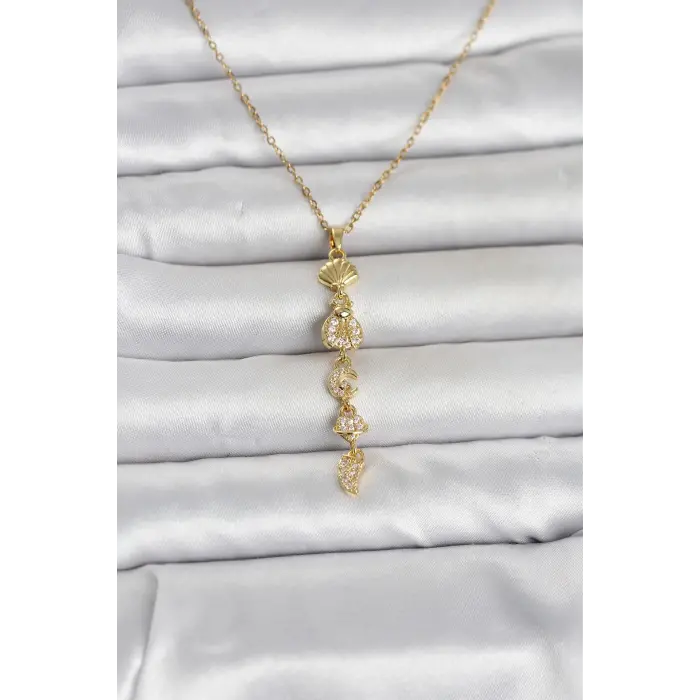 316L Çelik Gold Renk Deniz Temalı Y Model Zirkon Taşlı Kadın Kolye