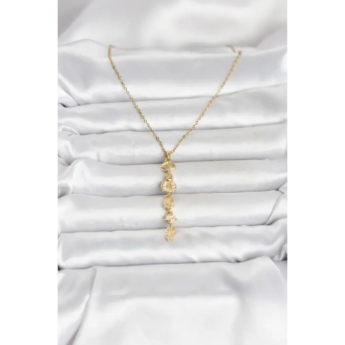 316L Çelik Gold Renk Deniz Temalı Y Model Zirkon Taşlı Kadın Kolye