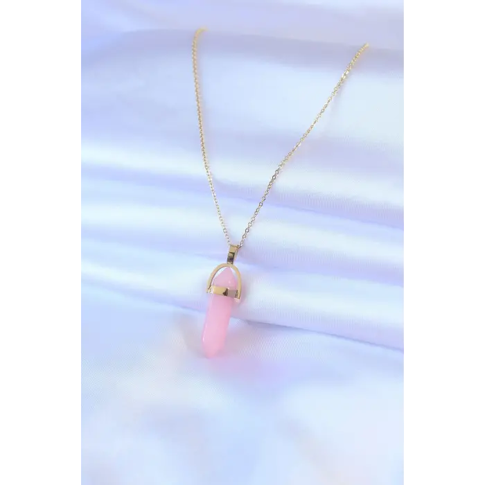 316L Çelik Gold Renk Kristal Pembe Taş Model Kadın kolye