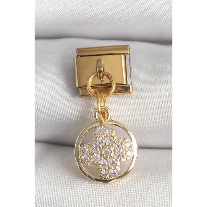 316L Çelik Gold Renk Sallantı Zirkon Taşlı Yonca Model Nomination Charm