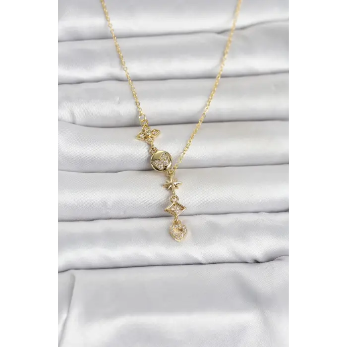 316L Çelik Gold Renk Zirkon Taşlı Y Kadın Kolye