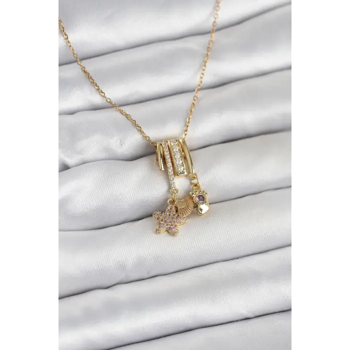 316L Çelik Gold Zirkon Taşlı Deniz Tema Charmlı Kadın Kolye