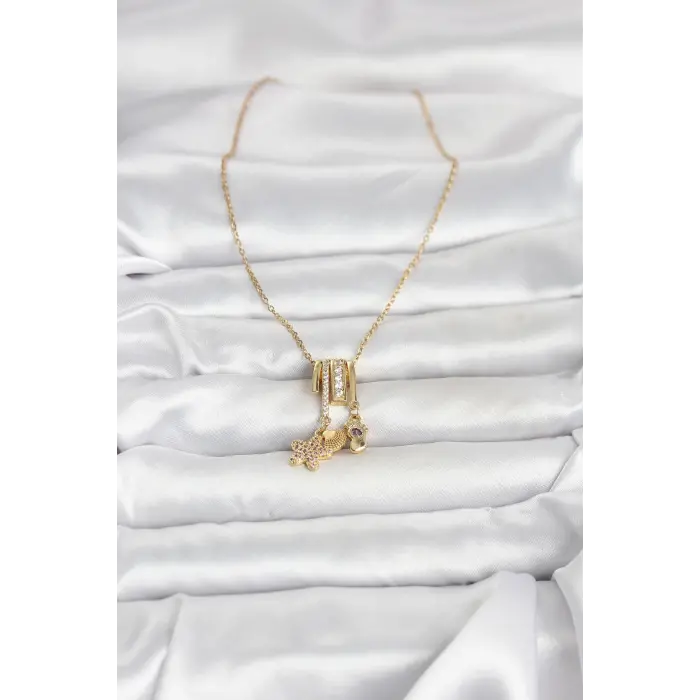 316L Çelik Gold Zirkon Taşlı Deniz Tema Charmlı Kadın Kolye