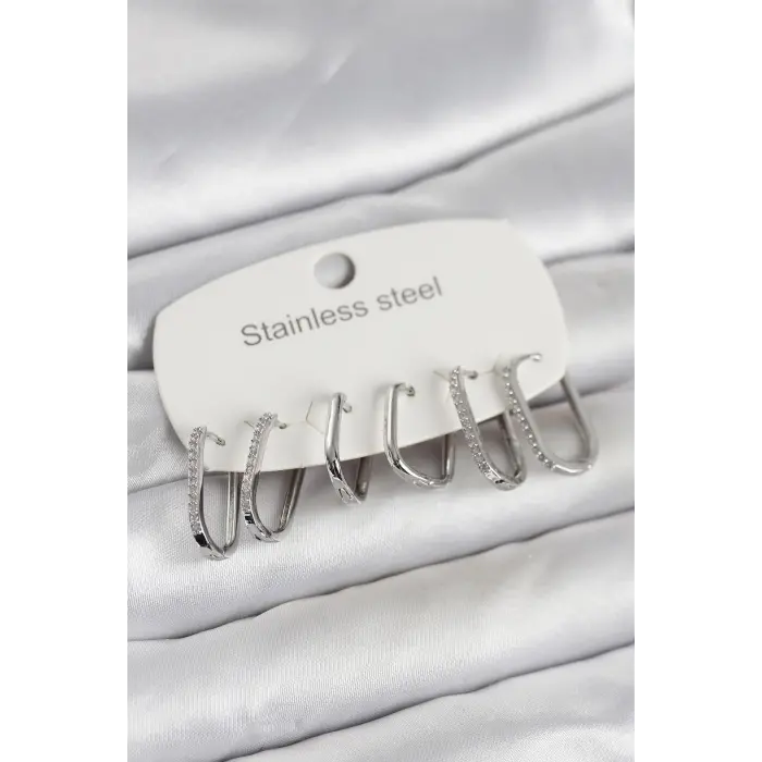 316L Çelik Gümüş Renk 6lı Set Geometrik Model Kadın Küpe