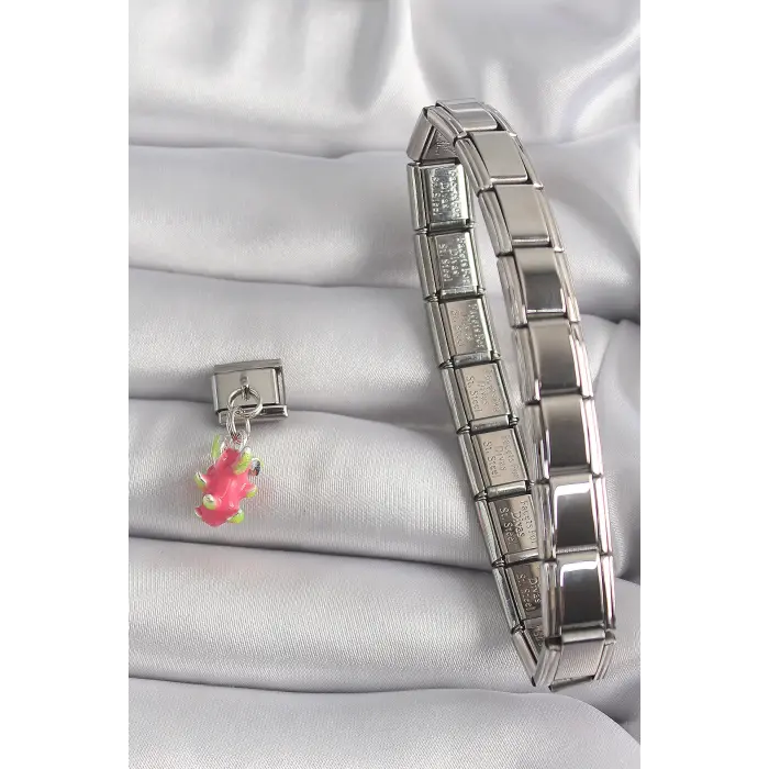 316L Çelik Gümüş Renk Sallantı Ejder Meyvesi Model Nomination Charm