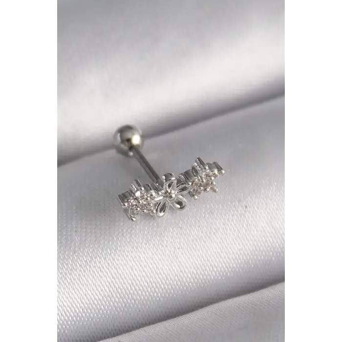 316L Çelik Gümüş Renk Zirkon Taşlı Çiçek Tragus Piercing