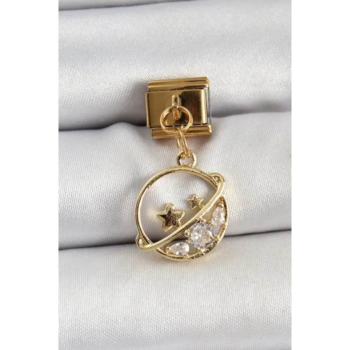 316L Çelik Sallantılı Zirkon Taşlı Satürn Model Gold Renk Nomination Charm