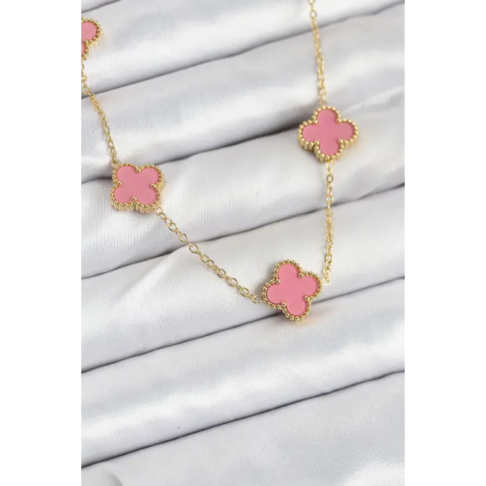 316L Çelik Zincir Gold Pembe Renk Yonca Kadın Kolye